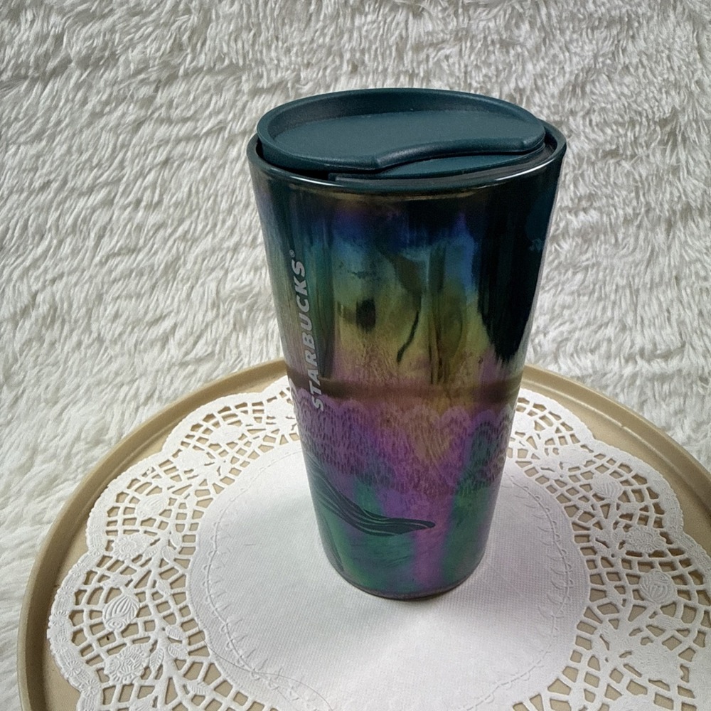 Starbucks 2023 Teal Blue Iridescent Siren Mermaid Ceramic Travel Tumbler Cup Lid - Picture 5 of 11
